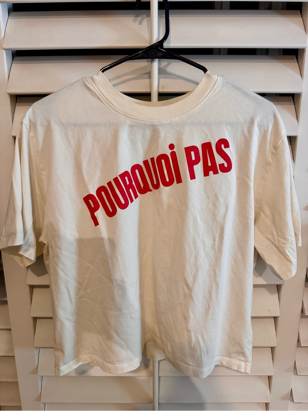 ClareV. White T-Shirt with Red "POURQUOI PAS" Graphic